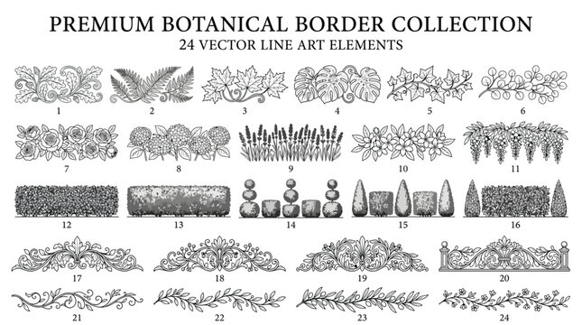Premium botanical border collection, 24 vector line art elements of flowers, leaves, and garden hedges