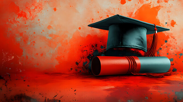 Graduation cap mortarboard with diploma scroll on artistic red textured paint background