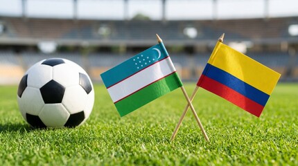 Fototapeta premium Soccer ball sits beside two miniature flags representing Uzbekistan and Colombia on a manicured stadium pitch.