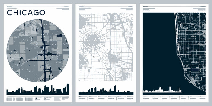 Chicago city maps and skyline vector illustrations in grayscale tones