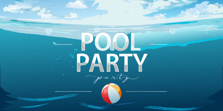 Underwater scene with beach ball vector illustration with blue and white tones