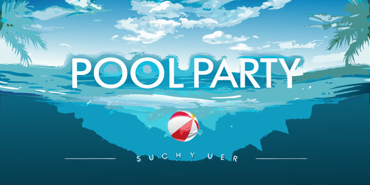 Palm tree and beach ball vector illustration with a blue water background