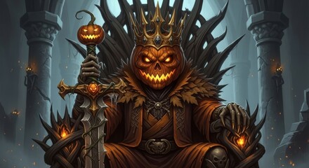 Obraz premium Halloween demon skeleton holding jack-o-lantern in dark gothic castle with spooky atmosphere