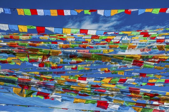 Praying flags on the Karo-La Pass along the Friendship Highway, Tibet, Asia