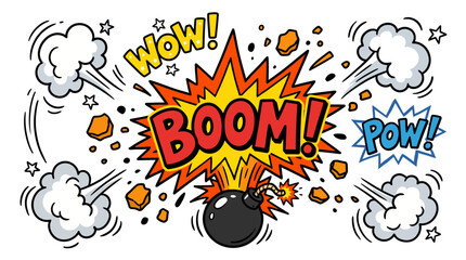 A cartoon bomb exploding with comic book style sound effects and clouds of smoke © PYARA