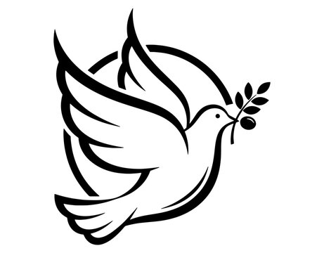 Dove carrying olive branch vector illustration, line art logo design of flying peace bird concept isolated on white background