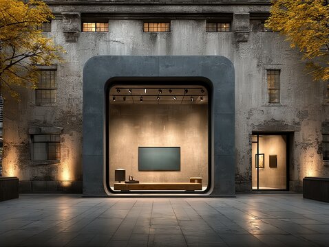 Contemporary Brutalist Architecture Mockup with Large Square Glass Window Portal and Warm Interior Lighting for Modern Art Gallery or Flagship Store Front Exterior