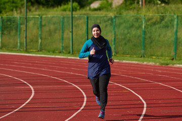 Obraz premium Muslim Woman Running on Outdoor Track in Hijab Showing Fitness, Determination and Active Lifestyle