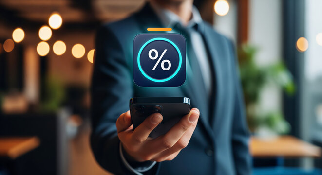 Loan percentage calculation system displays special discount rate for online mortgage refinancing approval or personal credit interest reduction to lower monthly home payment total cost