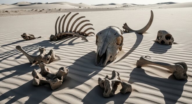 Animal Skull and Bones Scattered in Harsh Desert Sand