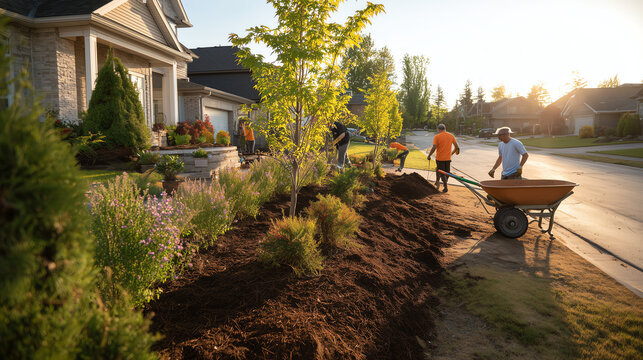 Landscaping crew plants shrubs and trees along a freshly mulched front yard bed with a wheelbarrow in a suburban neighborhood at sunrise