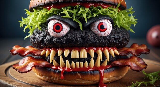 Scary monster burger with sharp teeth and big red eyes, Halloween spooky fast food illustration