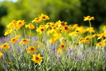 Fototapeta premium The yellow wildflowers swaying in sunlit summer meadow with lavender and green bokeh
