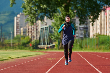 Obraz premium Muslim Woman Running On Outdoor Track In Hijab Fitness Training And Urban Exercise Session