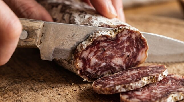 Close-up of hands slicing a dry-cured salami sausage with a knife on a wooden board.