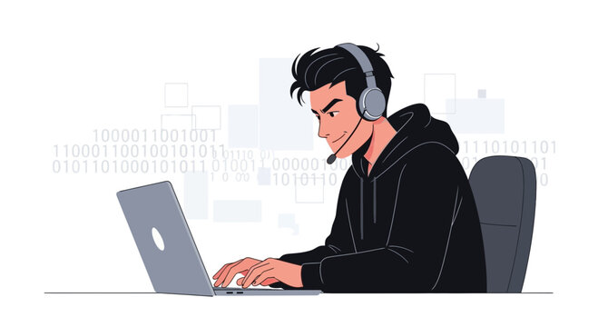 Young Man in Hoodie with Headphones Working on Laptop with Binary Code Background - IT Support, Coding, or Gaming Concept