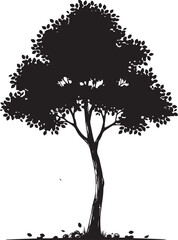 Fototapeta premium Black silhouette of a tree with leaves and grass on white