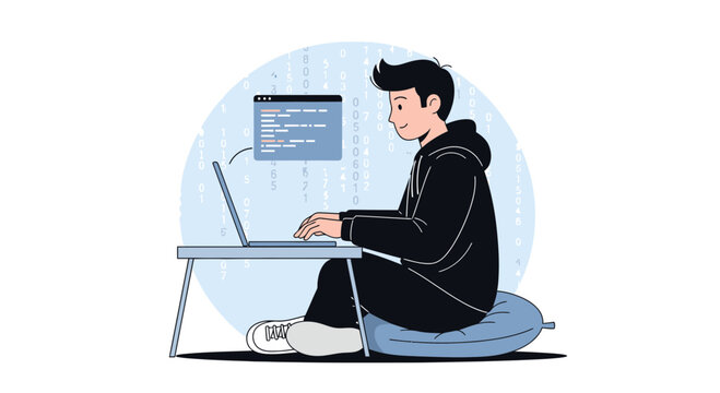 Young programmer coding on a laptop, seated comfortably, with binary code background