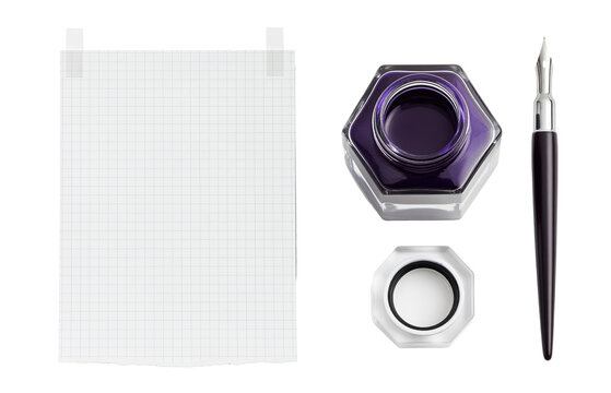 Fountain pen and ink bottle beside taped graph paper create a writing setup for calligraphy practice, handwritten letter, poetry draft, journal page and vintage stationery layout with blank copy space