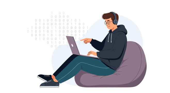 Young programmer wearing headphones coding on a laptop while sitting on a beanbag, with binary code in the background