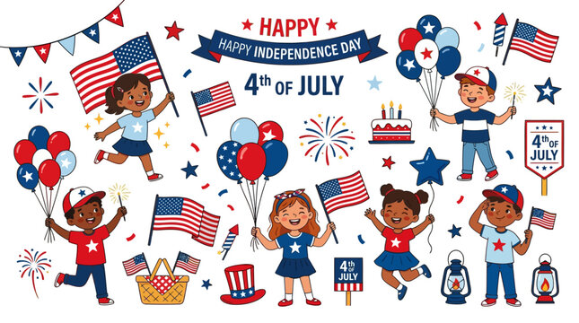 Happy independence day fourth of july patriotic character element set