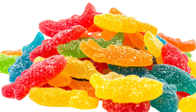 pile of colourful fish shaped candies, dusted with sugar, isolated on transparent background
