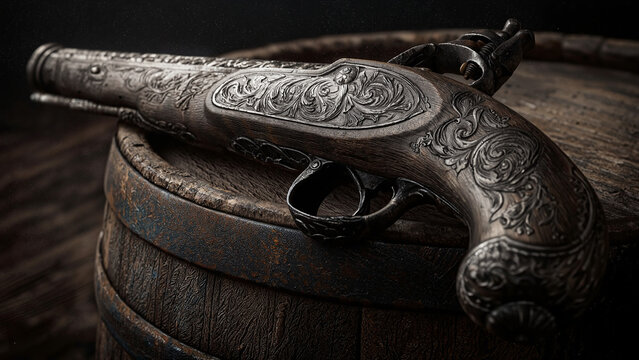 Close up of an ornate engraved vintage flintlock pistol on a wooden barrel