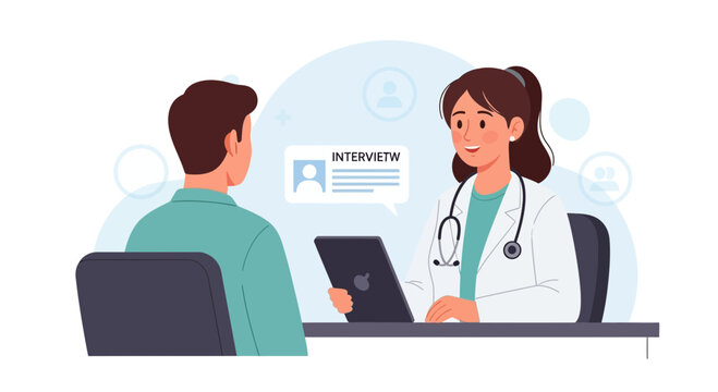Doctor interviewing patient on tablet, medical consultation, healthcare concept, vector illustration