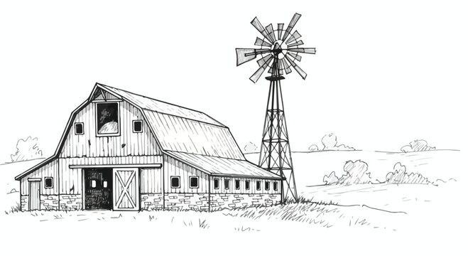 Vintage farm barn and windmill vector illustration line art sketch