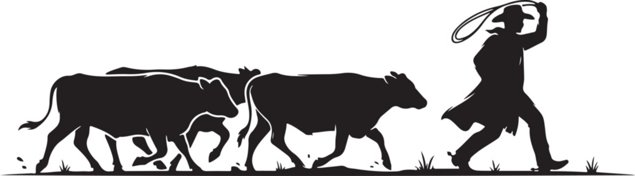 Black silhouette of man herding three oxen with rope