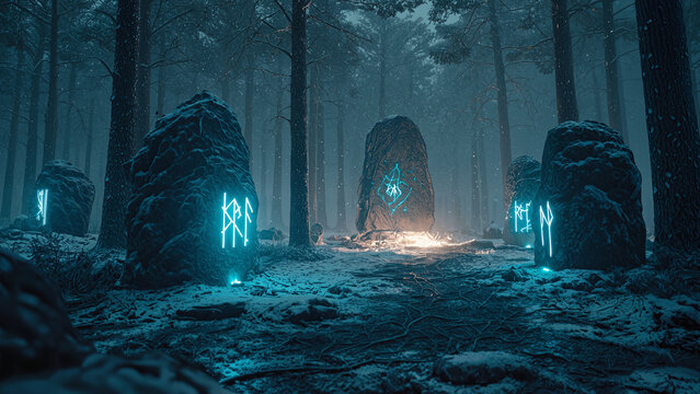 Glowing Magical Blue Runestones in a Dark Snowy Winter Forest