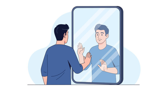 Man looking in mirror, greeting reflection, self-acceptance, confidence, modern flat illustration style