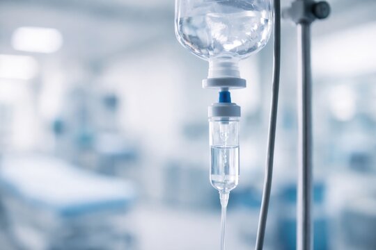 Close up of intravenous drip with saline solution in hospital setting representing medical treatment and care