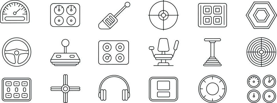 Cockpit instrument panel and vehicle control line icons set for aviation gaming simulation dashboard interface vector template