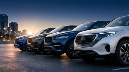 Naklejka premium A row of modern luxury cars parked on an asphalt lot at twilight with vehicles automotive twilight