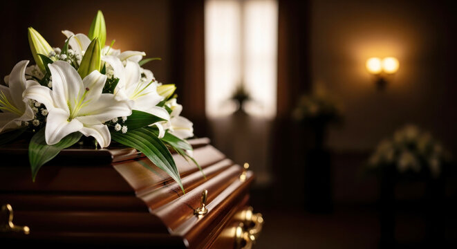 Wooden coffin adorned with white lilies and greenery in a dimly lit funeral home with soft lighting and floral arrangements in the background
