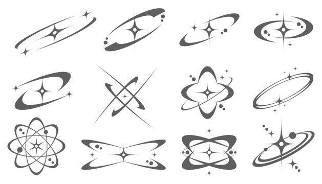 Y2K star icon with orbits and sparkle elements. Retro space symbol with celestial abstract shapes for cosmic logos, tattoo and modern graphic designs. Vector set