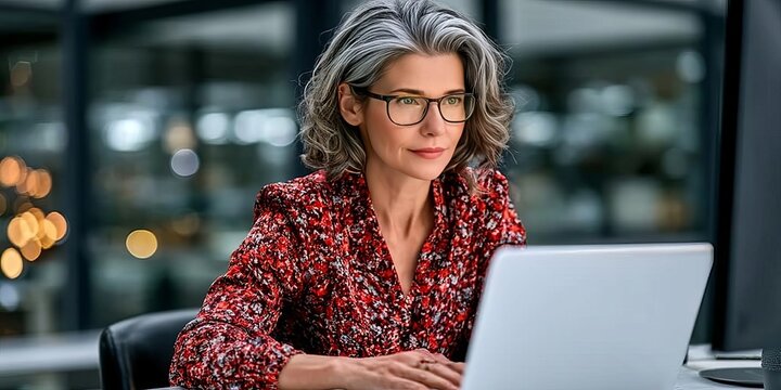 Middle aged female professional working in minimalist dim office workspace using silver notebook