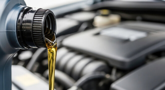 Engine oil pouring from a bottle into a car engine compartment, showcasing the mechanical components and oil reservoir in focus