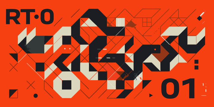 Geometric pattern with bold typography on a bright orange background