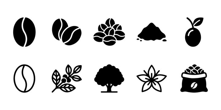 Coffee bean icon set solid outline cluster powder cherry plant shop flower bag for app