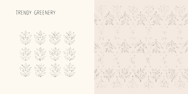 Floral ornament pattern with sketched leaves on a beige background