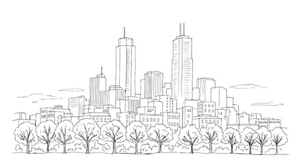 Obraz premium Modern City Skyline Vector Illustration Hand Drawn Sketch with Trees