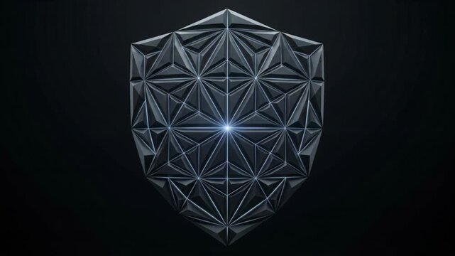 Geometric Shield with Faceted Metallic Polygon Pattern on Dark Background