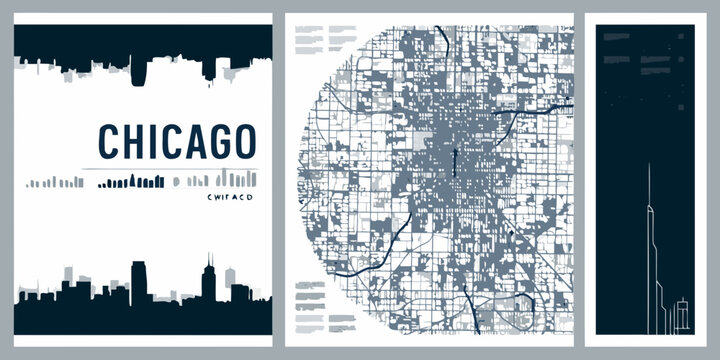Chicago city posters minimalist vector illustrations with skyline and street map designs