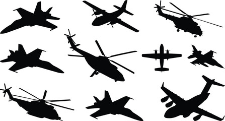 Military aircraft silhouettes set featuring jet fighters transport airplanes and helicopters isolated on white background © moshaharul
