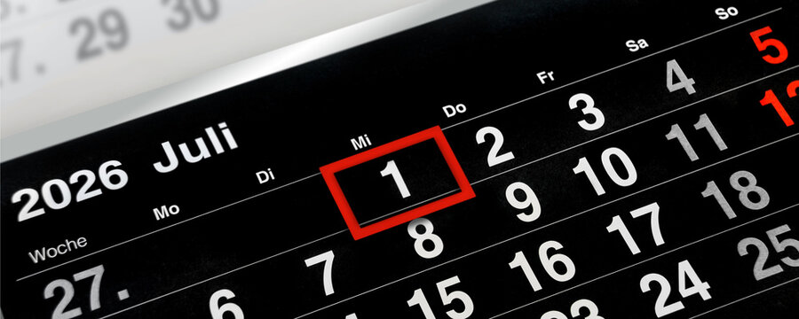 Deutscher Kalender Datum 1. Juli  2026 Mittwoch  schwarz rot