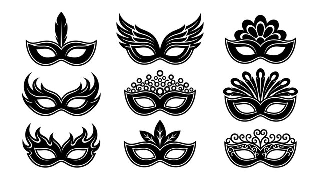 Carnival masquerade mask vector icons set with decorative feathers and wings for mardi gras party