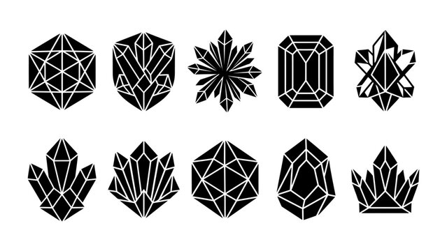 Geometric crystal and gemstone vector icons set with black silhouette mineral shapes for logo design
