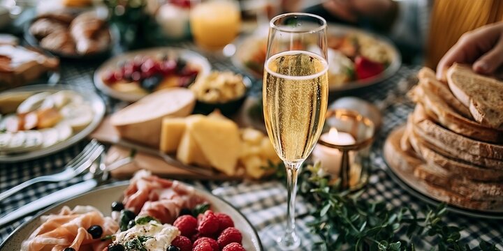 Elegant Sparkling Wine Centerpiece for a Lavish Breakfast Brunch with Abundant Delectable Foods